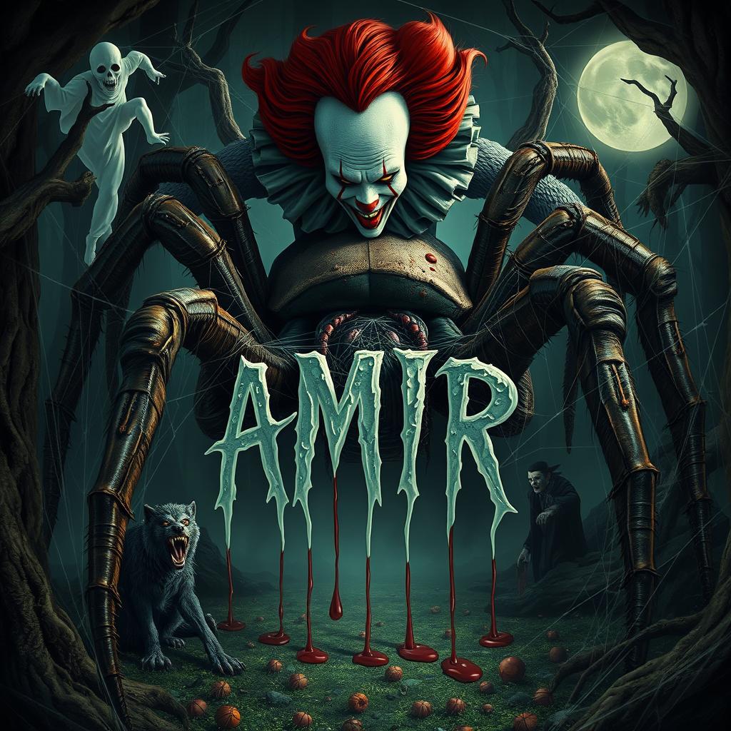 A terrifying scene featuring a large spider with the name "AMIR" written on it