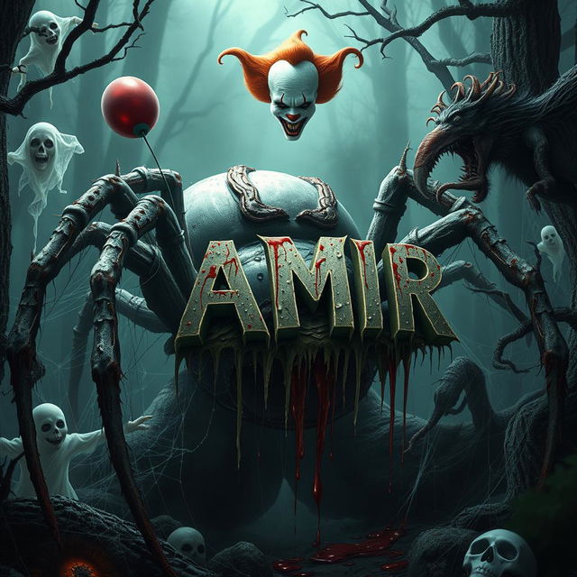 A terrifying scene featuring a large spider with the name "AMIR" written on it