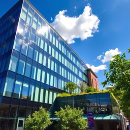 A modern city building with sleek glass windows reflecting the sky, surrounded by green space and trees, with bright sunlight illuminating the scene