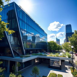A modern city building with sleek glass windows reflecting the sky, surrounded by green space and trees, with bright sunlight illuminating the scene