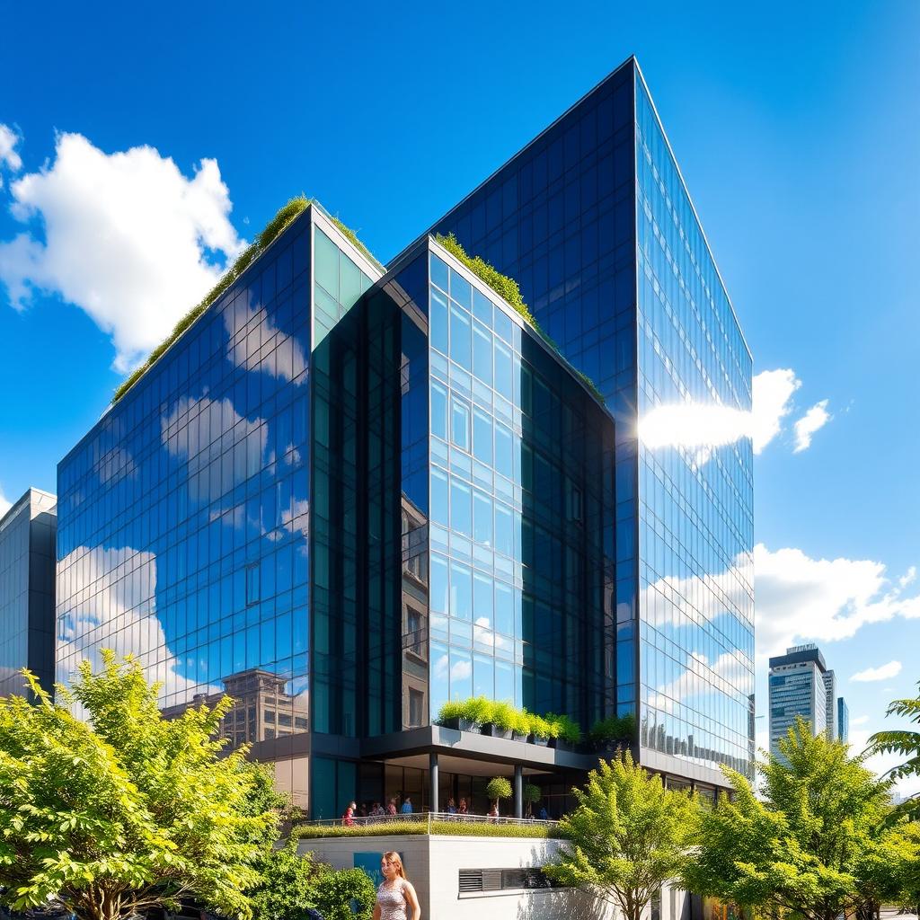 A modern city building with sleek glass windows reflecting the sky, surrounded by green space and trees, with bright sunlight illuminating the scene