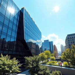 A modern city building with sleek glass windows reflecting the sky, surrounded by green space and trees, with bright sunlight illuminating the scene