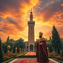 A majestic scene of Milad Tower surrounded by lush Persian gardens, with intricate patterns and traditional Iranian architecture visible in the foreground