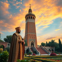 A majestic scene of Milad Tower surrounded by lush Persian gardens, with intricate patterns and traditional Iranian architecture visible in the foreground