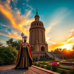 A majestic scene of Milad Tower surrounded by lush Persian gardens, with intricate patterns and traditional Iranian architecture visible in the foreground