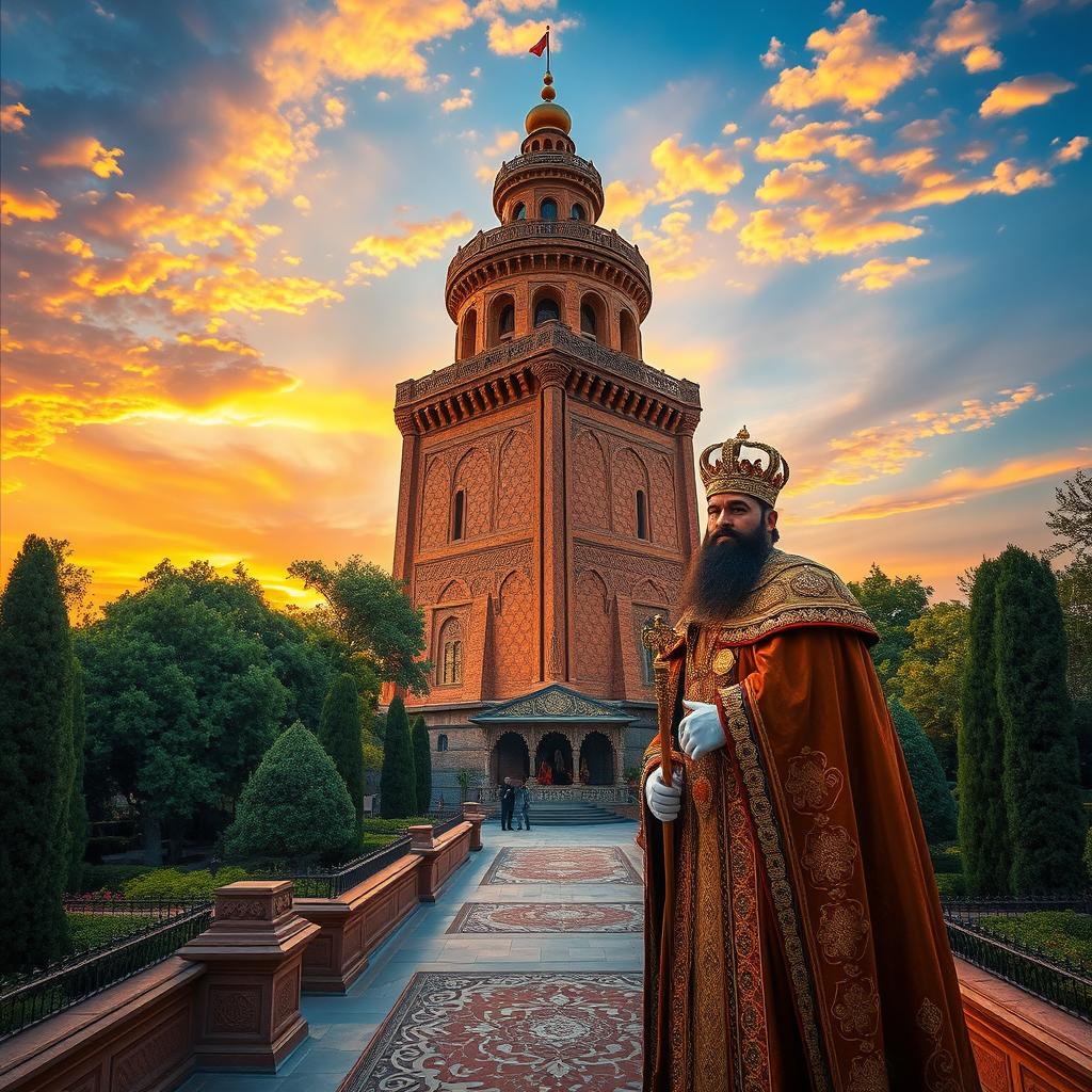 A majestic scene of Milad Tower surrounded by lush Persian gardens, with intricate patterns and traditional Iranian architecture visible in the foreground