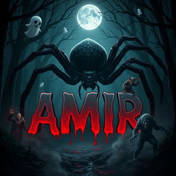 An eerie scene in a dark, spooky forest featuring a menacing spider with the name 'AMIR' looming above