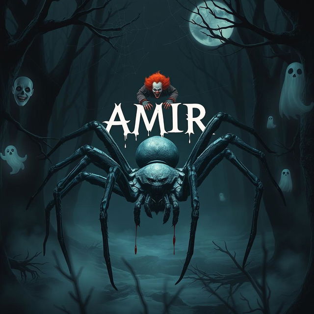 An eerie scene in a dark, spooky forest featuring a menacing spider with the name 'AMIR' looming above
