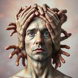 A surreal and imaginative portrait of a man whose head is completely made of hands