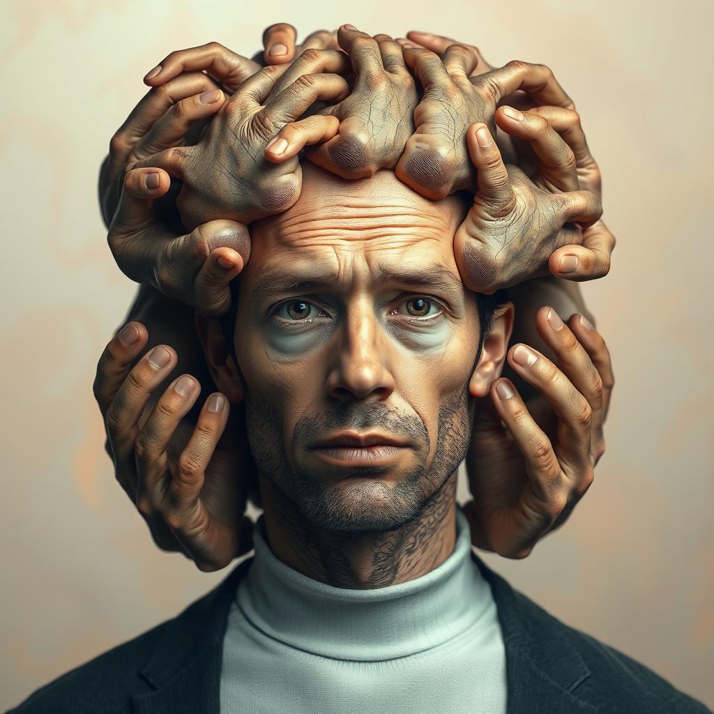 A surreal and imaginative portrait of a man whose head is completely made of hands