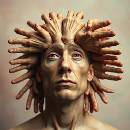 A surreal and imaginative portrait of a man whose head is completely made of hands