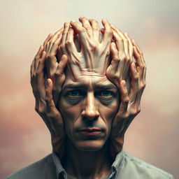 A surreal and imaginative portrait of a man whose head is completely made of hands