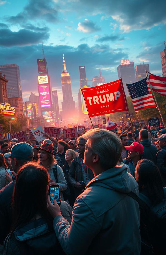 A speculative and captivating scene depicting a world influenced by a resurgence of Donald Trump, featuring a vibrant atmosphere with high energy and contrasting political symbols