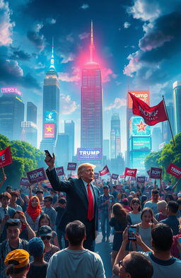 A speculative and captivating scene depicting a world influenced by a resurgence of Donald Trump, featuring a vibrant atmosphere with high energy and contrasting political symbols