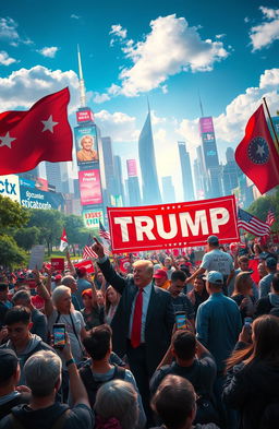 A speculative and captivating scene depicting a world influenced by a resurgence of Donald Trump, featuring a vibrant atmosphere with high energy and contrasting political symbols