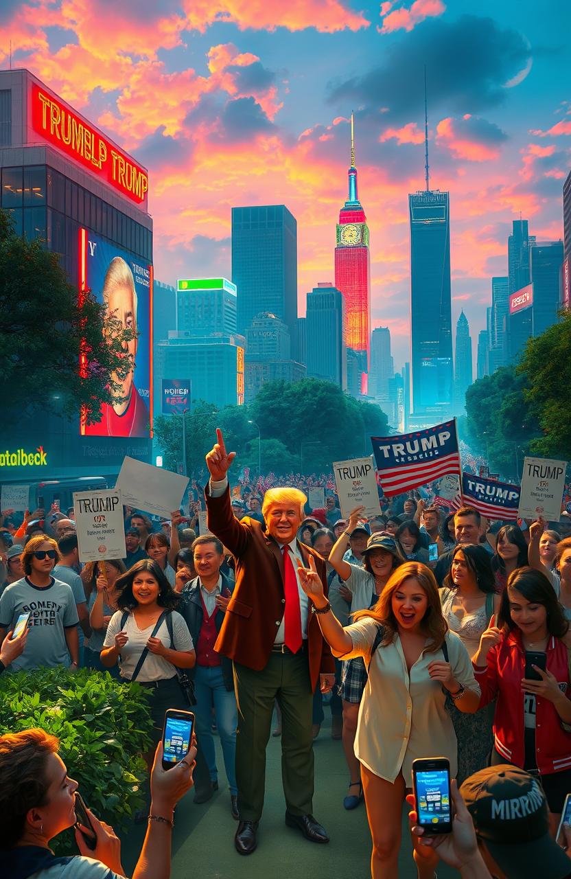 A speculative and captivating scene depicting a world influenced by a resurgence of Donald Trump, featuring a vibrant atmosphere with high energy and contrasting political symbols