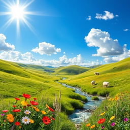 A beautifully vibrant and colorful landscape featuring rolling green hills, a clear blue sky with fluffy white clouds, and a bright sun shining down