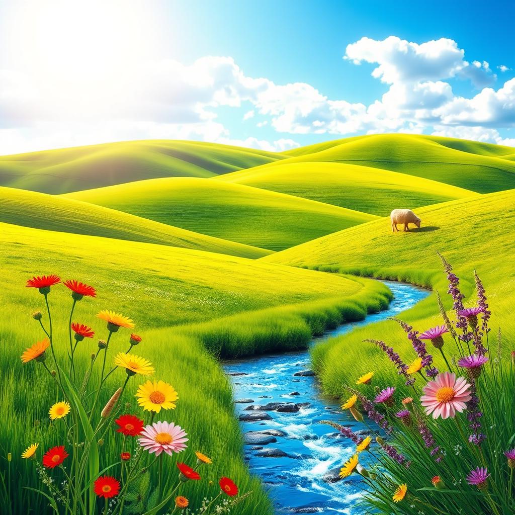 A beautifully vibrant and colorful landscape featuring rolling green hills, a clear blue sky with fluffy white clouds, and a bright sun shining down