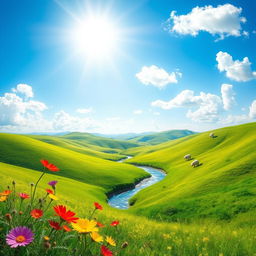 A beautifully vibrant and colorful landscape featuring rolling green hills, a clear blue sky with fluffy white clouds, and a bright sun shining down