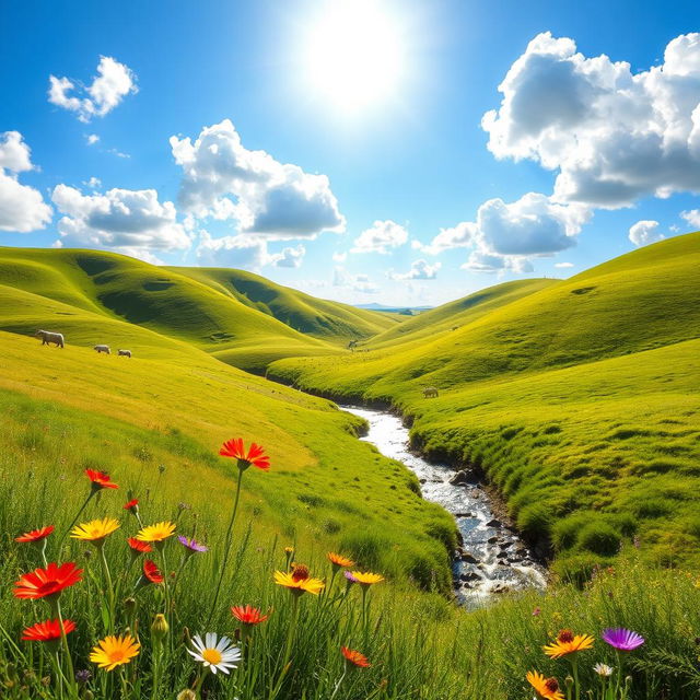 A beautifully vibrant and colorful landscape featuring rolling green hills, a clear blue sky with fluffy white clouds, and a bright sun shining down