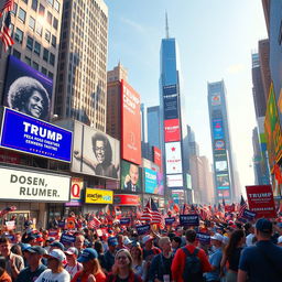 A vibrant and dynamic scene illustrating a speculative world under a revived Trump administration, showcasing a lively urban environment filled with towering skyscrapers and colorful advertisements promoting political campaigns