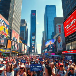 A vibrant and dynamic scene illustrating a speculative world under a revived Trump administration, showcasing a lively urban environment filled with towering skyscrapers and colorful advertisements promoting political campaigns