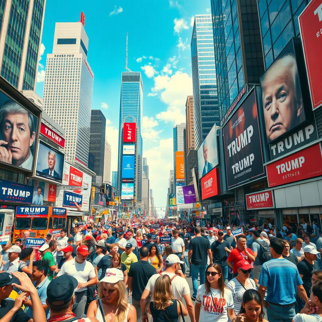 A vibrant and dynamic scene illustrating a speculative world under a revived Trump administration, showcasing a lively urban environment filled with towering skyscrapers and colorful advertisements promoting political campaigns