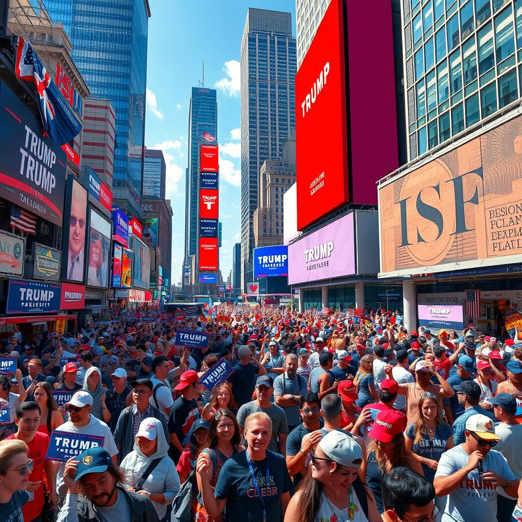 A vibrant and dynamic scene illustrating a speculative world under a revived Trump administration, showcasing a lively urban environment filled with towering skyscrapers and colorful advertisements promoting political campaigns