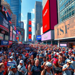 A vibrant and dynamic scene illustrating a speculative world under a revived Trump administration, showcasing a lively urban environment filled with towering skyscrapers and colorful advertisements promoting political campaigns
