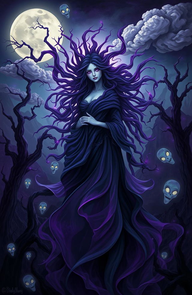 A surreal and darkly whimsical representation of the Muse of Nightmare, depicted as an ethereal figure shrouded in shadowy, flowing garments that swirl like wisps of smoke