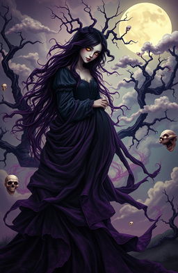 A surreal and darkly whimsical representation of the Muse of Nightmare, depicted as an ethereal figure shrouded in shadowy, flowing garments that swirl like wisps of smoke