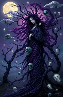 A surreal and darkly whimsical representation of the Muse of Nightmare, depicted as an ethereal figure shrouded in shadowy, flowing garments that swirl like wisps of smoke