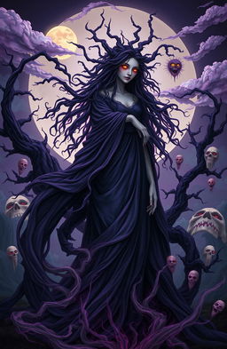 A surreal and darkly whimsical representation of the Muse of Nightmare, depicted as an ethereal figure shrouded in shadowy, flowing garments that swirl like wisps of smoke
