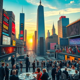 A compelling and detailed scene portraying a world under a revived Trump administration, emphasizing economic and diplomatic tools at play