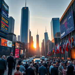 A compelling and detailed scene portraying a world under a revived Trump administration, emphasizing economic and diplomatic tools at play