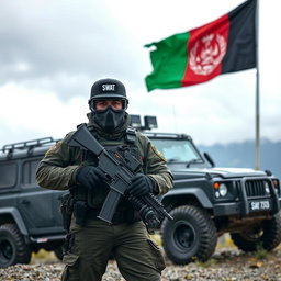 A SWAT team police officer dressed in specialized tactical gear, holding an AKM rifle