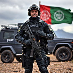 A SWAT team police officer dressed in specialized tactical gear, holding an AKM rifle