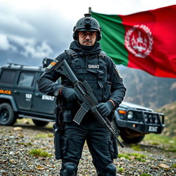 A SWAT team police officer dressed in specialized tactical gear, holding an AKM rifle