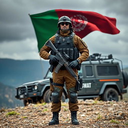 A SWAT team police officer dressed in specialized tactical gear, holding an AKM rifle