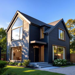 A modern house designed with cladding, featuring a sleek charcoal color and elegant bronze window frames