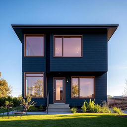 A modern house designed with cladding, featuring a sleek charcoal color and elegant bronze window frames