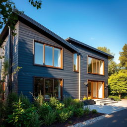 A modern house designed with cladding, featuring a sleek charcoal color and elegant bronze window frames