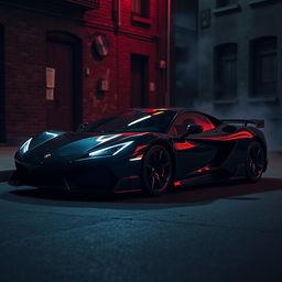 A sleek black sports car that resembles a mafia car, featuring aggressive lines, a glossy finish, and an aerodynamic design