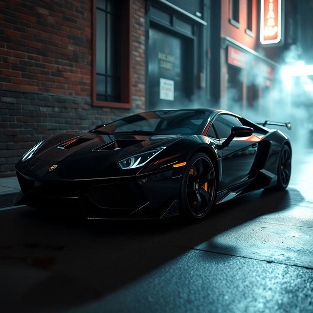 A sleek black sports car that resembles a mafia car, featuring aggressive lines, a glossy finish, and an aerodynamic design
