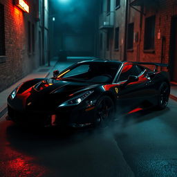 A sleek black sports car that resembles a mafia car, featuring aggressive lines, a glossy finish, and an aerodynamic design