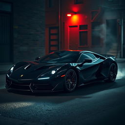 A sleek black sports car that resembles a mafia car, featuring aggressive lines, a glossy finish, and an aerodynamic design