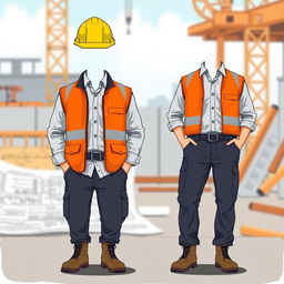 An illustration of a male civil engineer's outfit, featuring a bright yellow safety helmet, a high-visibility orange reflective vest, and sturdy work boots