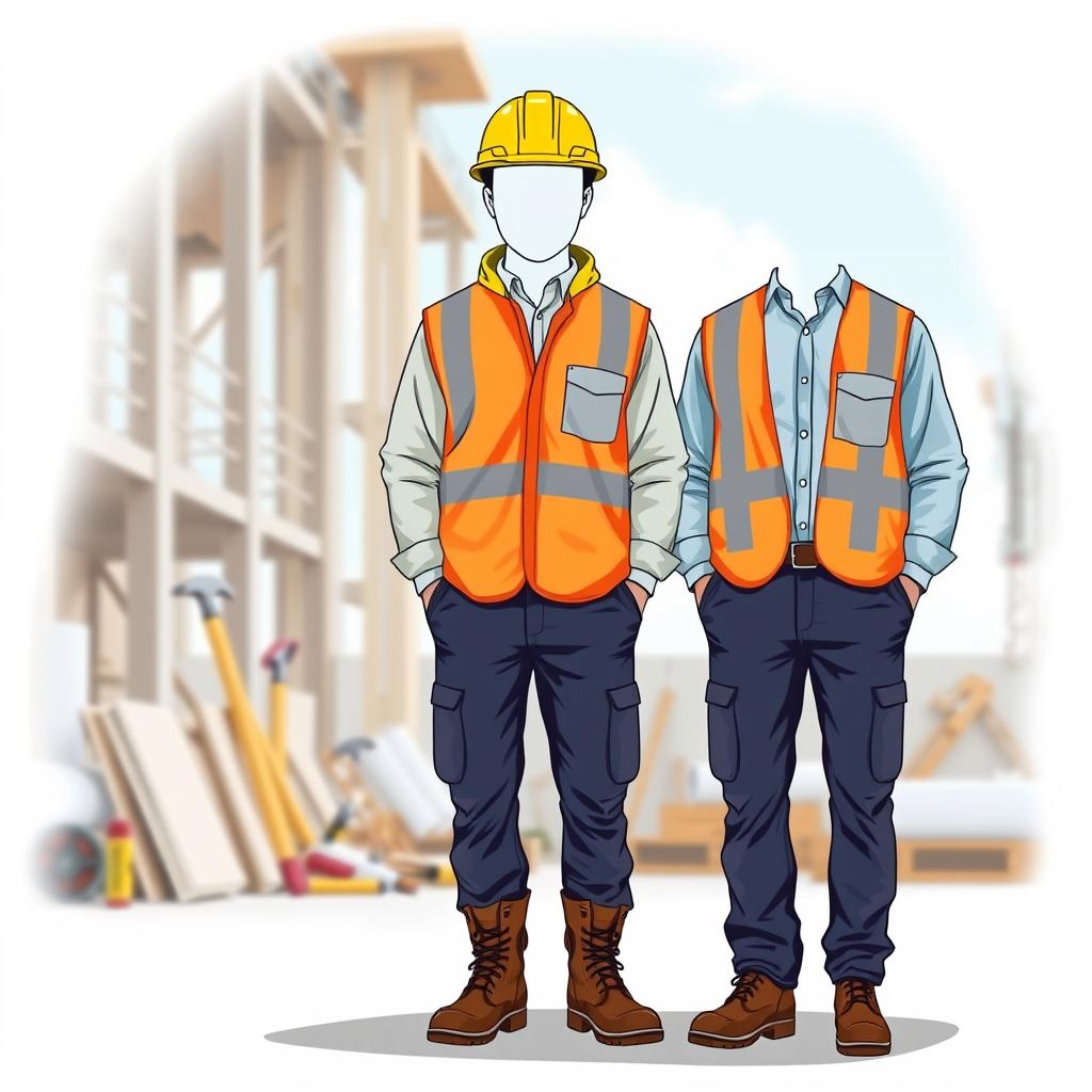 An illustration of a male civil engineer's outfit, featuring a bright yellow safety helmet, a high-visibility orange reflective vest, and sturdy work boots