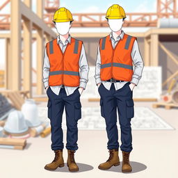 An illustration of a male civil engineer's outfit, featuring a bright yellow safety helmet, a high-visibility orange reflective vest, and sturdy work boots