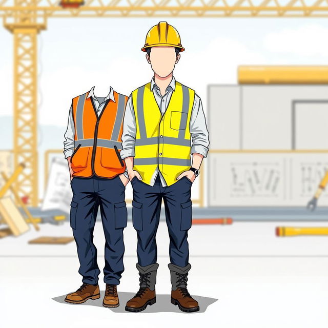 An illustration of a male civil engineer's outfit, featuring a bright yellow safety helmet, a high-visibility orange reflective vest, and sturdy work boots
